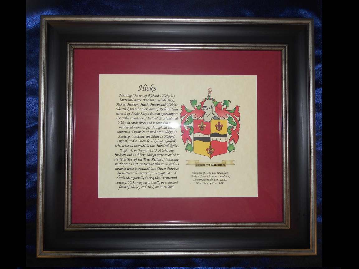 Framed Single Family Coat of Arms Print (Horizontal Layout)